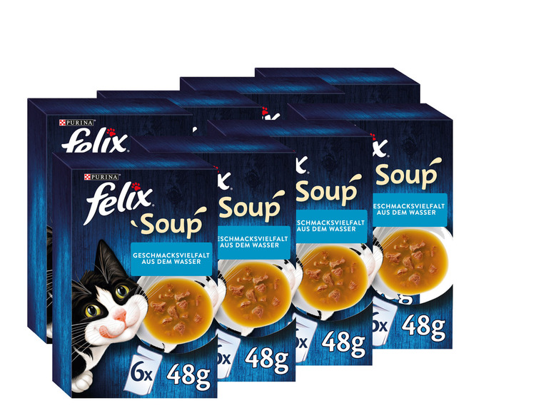 Gehe zu Vollbildansicht: FELIX Soup Geschmacksvielfalt aus dem Wasser mit Kabeljau, Thunfisch, Scholle Katzennassfutter (8 x 6 Beutel à 48g) - Bild 1