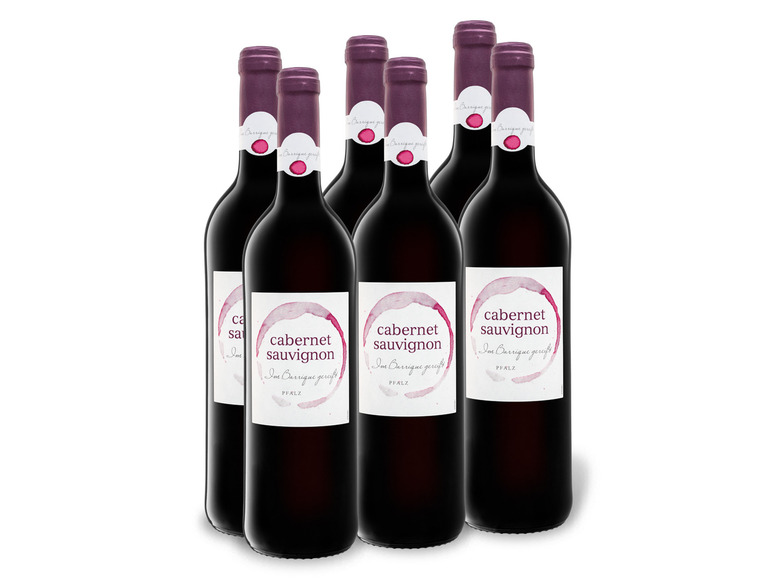 Gehe zu Vollbildansicht: 6 x 0,75-l-Flasche Weinpaket Cabernet Sauvignon Barrique Pfalz QbA trocken, Rotwein - Bild 1
