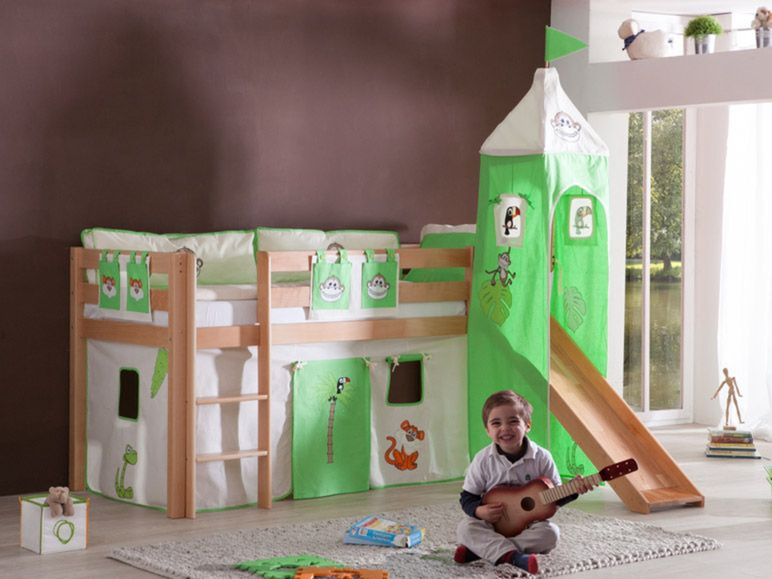 Gehe zu Vollbildansicht: Relita Spielbett Hochbett Kinderbett ALEX mit Rutsche/Turm Buche massiv natur lackiert mit Stoffset - Bild 13