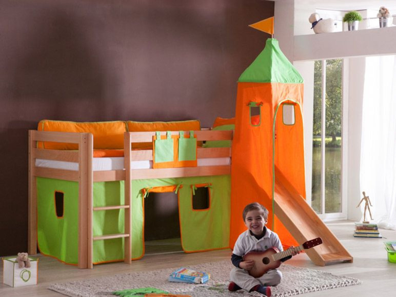 Gehe zu Vollbildansicht: Relita Spielbett Hochbett Kinderbett ALEX mit Rutsche/Turm Buche massiv natur lackiert mit Stoffset - Bild 2
