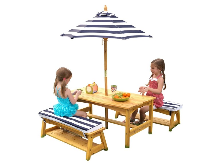 Gehe zu Vollbildansicht: KidKraft Kinder Gartentischset mit Bänken, Kissen und Sonnenschirm - Bild 9