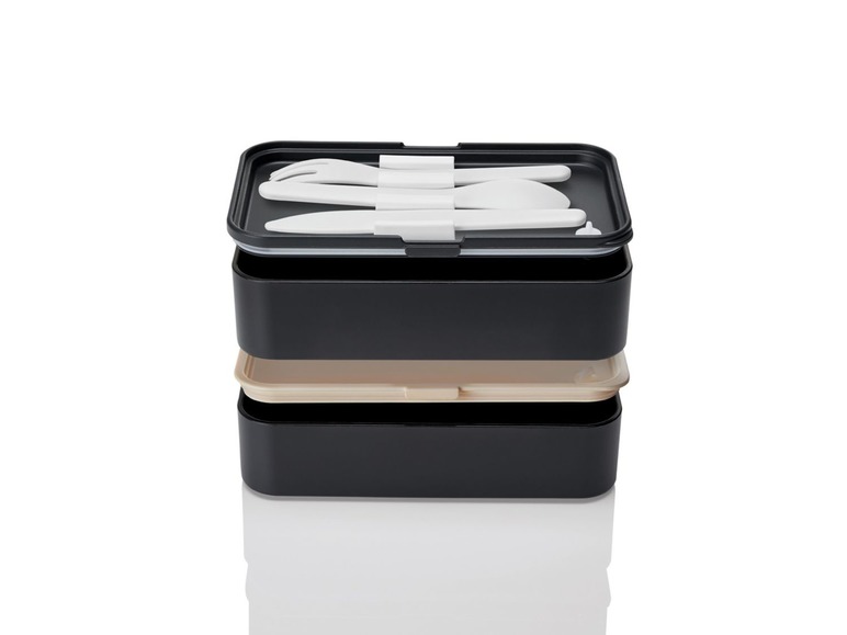 Gehe zu Vollbildansicht: ERNESTO® Lunchbox, mit 2 geschlossene Ebenen, Silikonventil im Deckel, Gummiband, Besteck - Bild 14