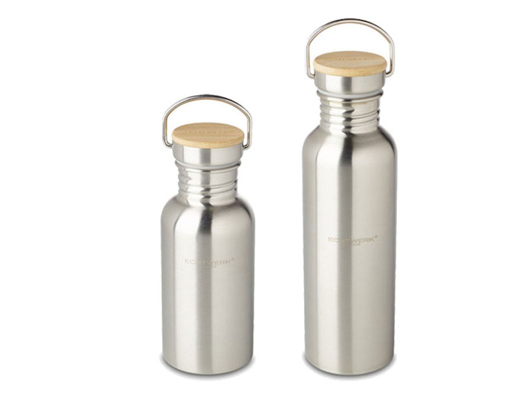 Gehe zu Vollbildansicht: ECHTWERK Praktische Trinkflasche/Wasserflasche aus hochwertigem Edelstahl mit Bambusdeckel - Bild 1
