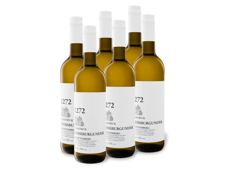 Gehe zu Vollbildansicht: 6 x 0,75-l-Flasche Weinpaket Schaubeck 1272 Weissburgunder Württemberg QbA trocken, Weißwein - Bild 1