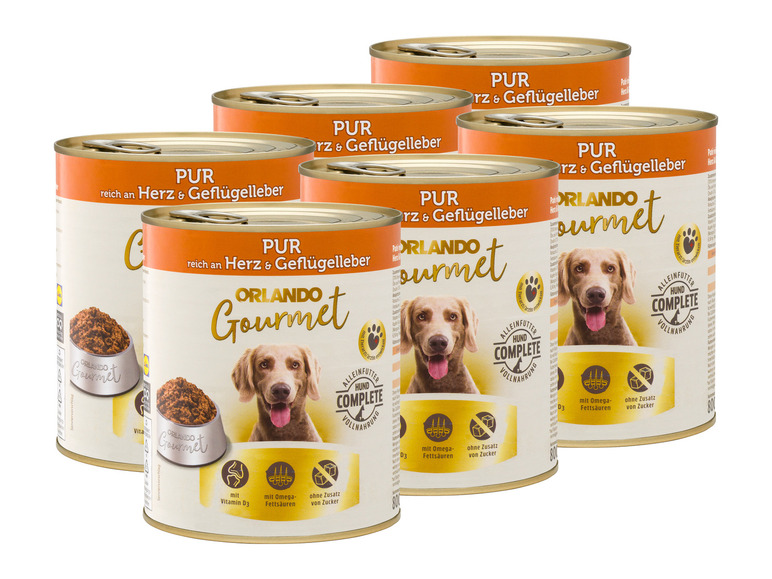 Gehe zu Vollbildansicht: ORLANDO Gourmet Hundenassnahrung Pur reich an Herz & Geflügelleber, 6 x 800 g - Bild 1
