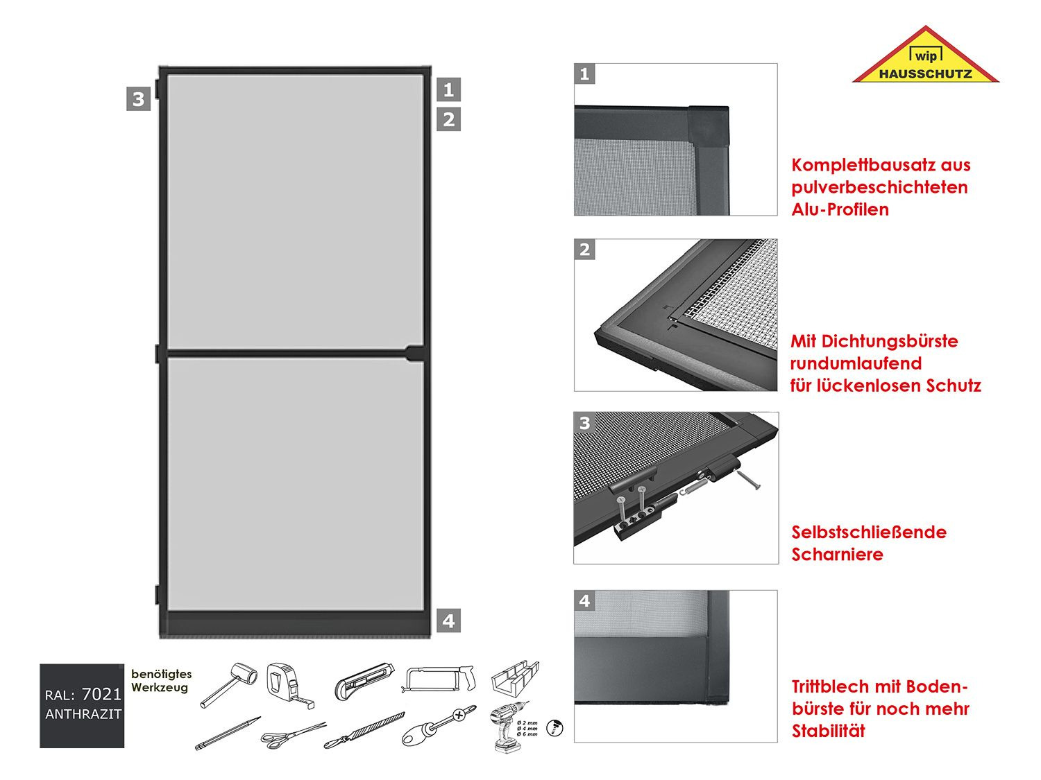 wip Insektenschutztür, Aluminium, selbstschließend, zum Schrauben, B