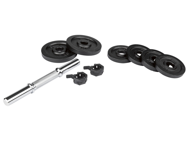 CRIVIT dumbbell set, 10 kg, with 6 weight plates For more strength and  endurance Material: cast iron, steel Dimensions: approx. L 35 x Ø 30 mm –