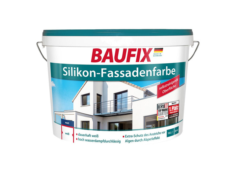 Gehe zu Vollbildansicht: BAUFIX Silikon-Fassadenfarbe weiß, 10 Liter - Bild 1