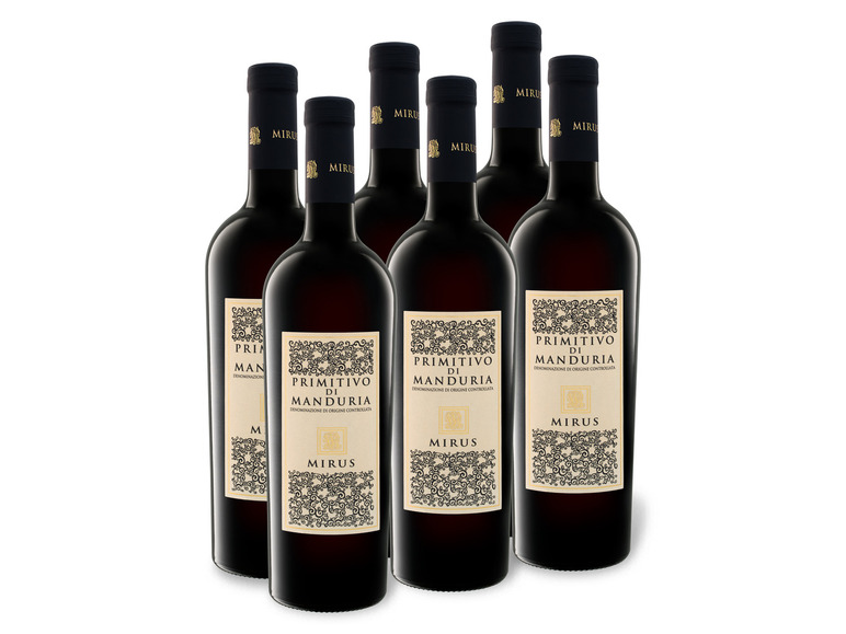 Gehe zu Vollbildansicht: 6 x 0,75-l-Flasche Weinpaket Mirus Primitivo di Manduria DOC, Rotwein - Bild 1