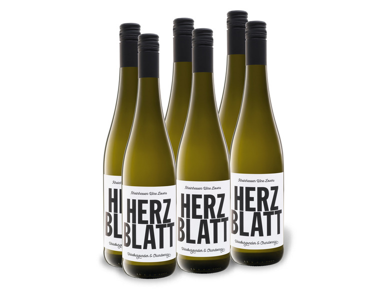 Gehe zu Vollbildansicht: 6 x 0,75-l-Flasche Weinpaket Herzblatt Weißburgunder & Chardonnay Rheinhessen trocken, Weißwein - Bild 1