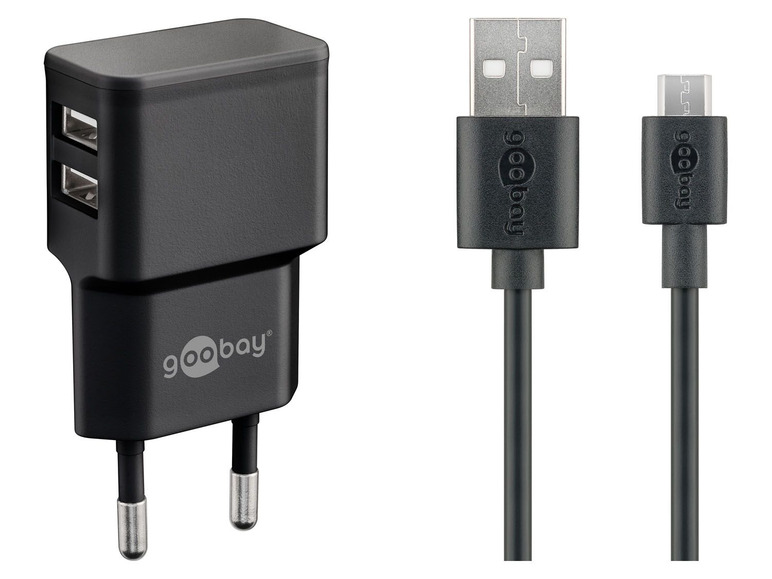 Gehe zu Vollbildansicht: Goobay Dual USB-A2.0 auf Micro USB-Ladeset (12W), schwarz - Bild 1