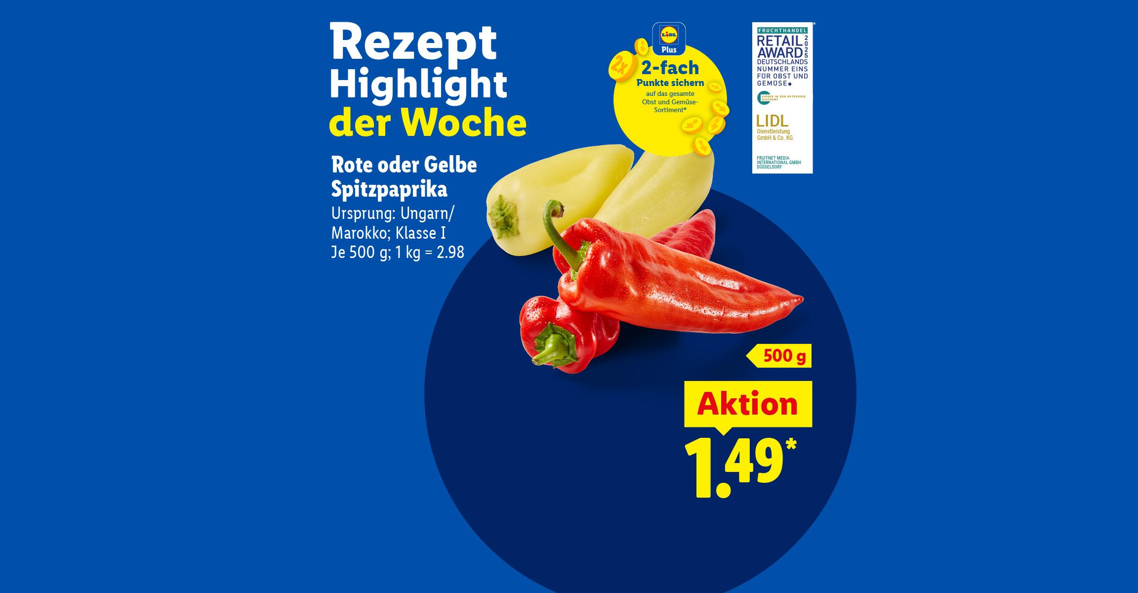  Rote oder gelbe Spitzpaprika 500g in der Aktion für 1.49 €. Ursprung: Ungarn/ Marokko; Klasse 1. 1 kg = 2.98. Jetzt 2-fach Punkte sichern auf das gesamte Obst und Gemüse-Sortiment