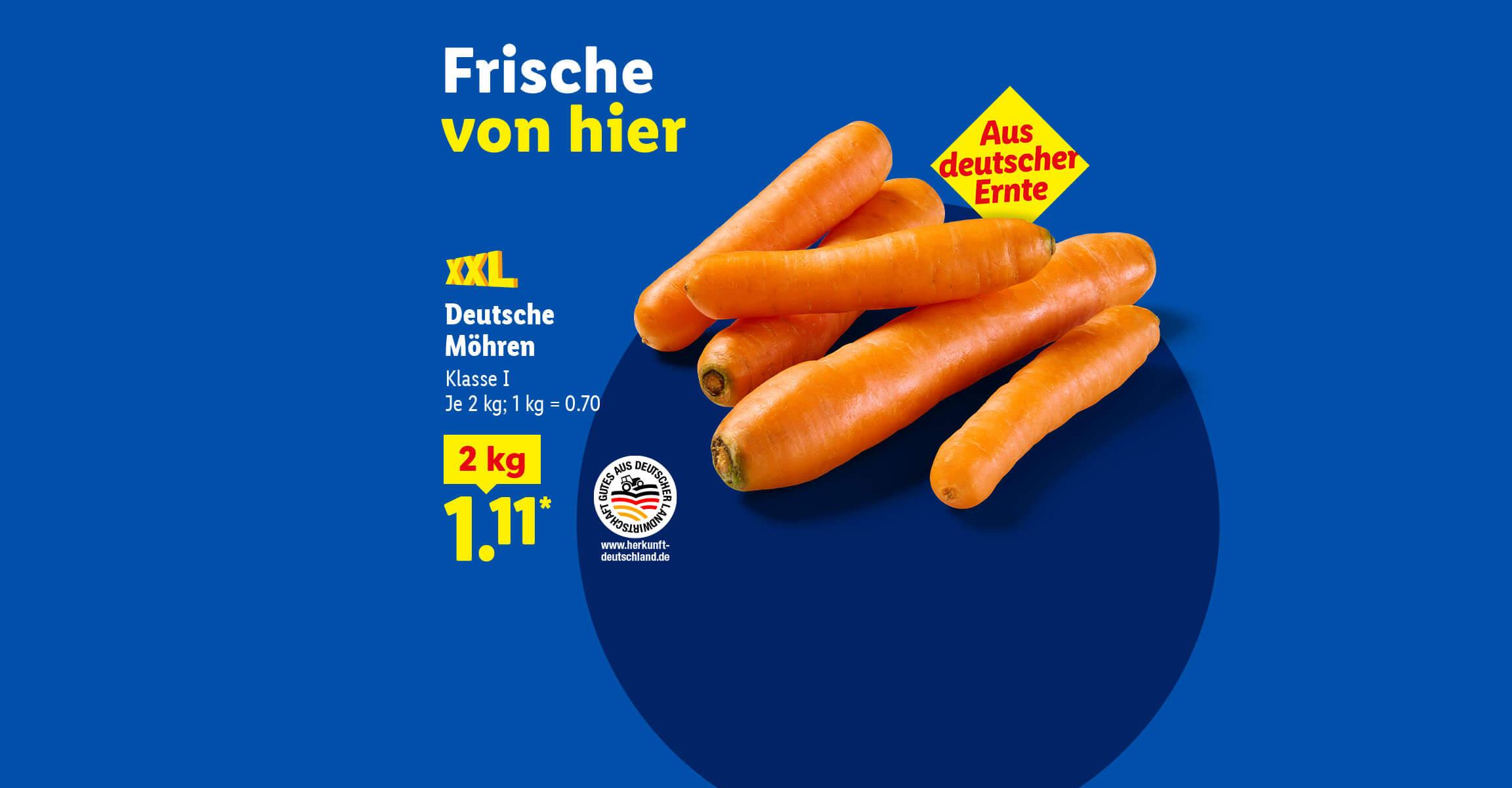 Frische von hier Aus deutscher Ernte XXL Deutsche Möhren der Klasse I im 2-kg-Beutel für 1.11 Euro.