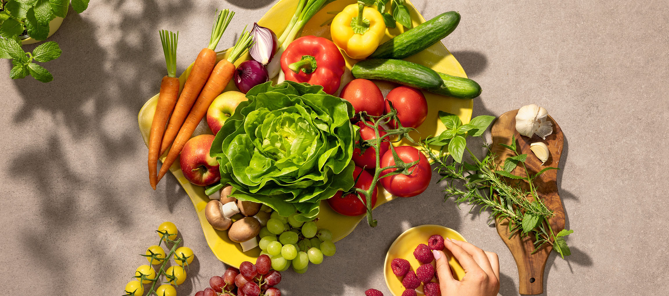 Frisches Gemüse und Obst auf einer gelben Platte, darunter Salat, Tomaten, Karotten und Beeren.