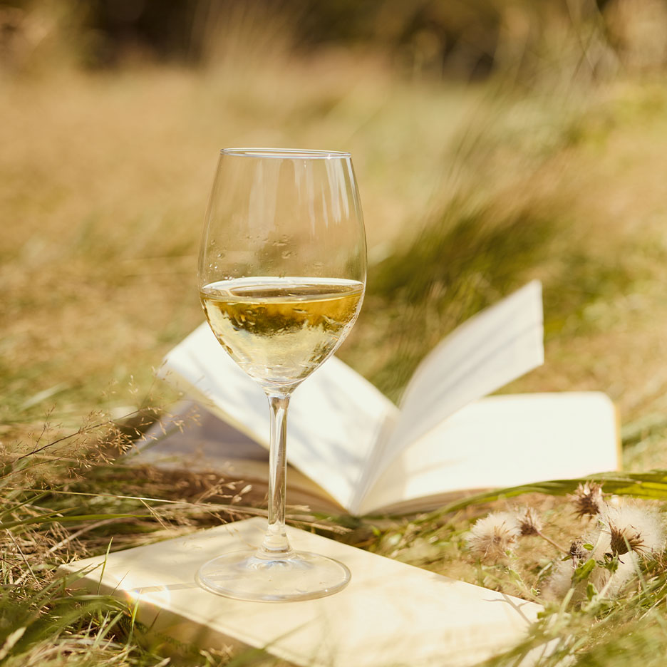 Weißweinglas mit offenem Buch im Gras