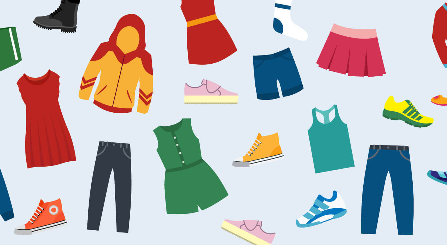 Kleidung und Schuhe: Kleider, Hosen, Jacken und Turnschuhe.