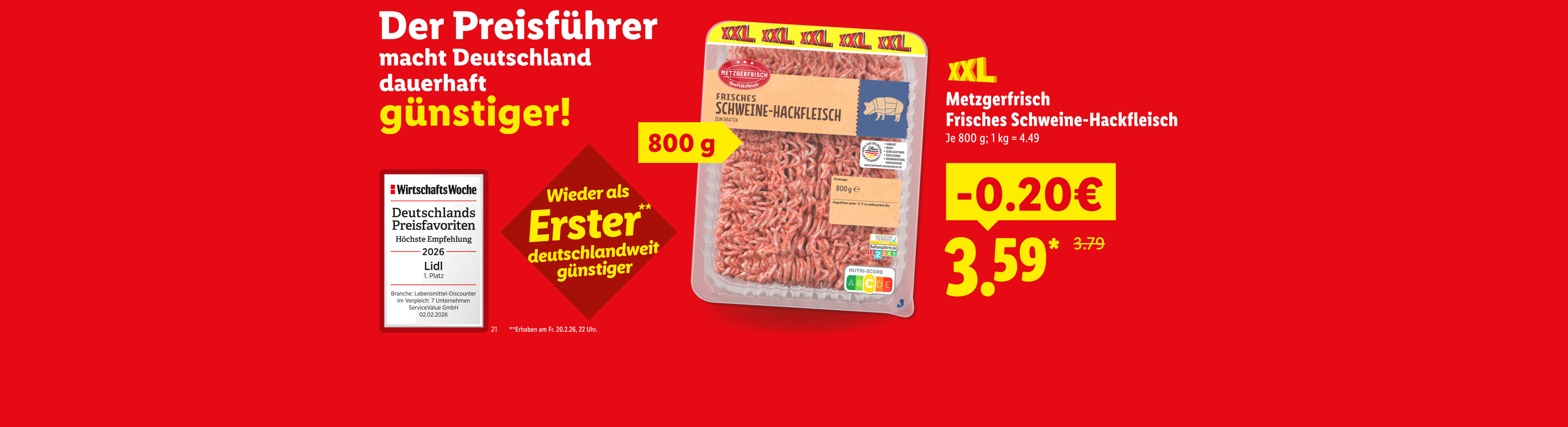 Werbebanner für frisches Schweinehackfleisch mit Preisinformationen und Auszeichnungen.