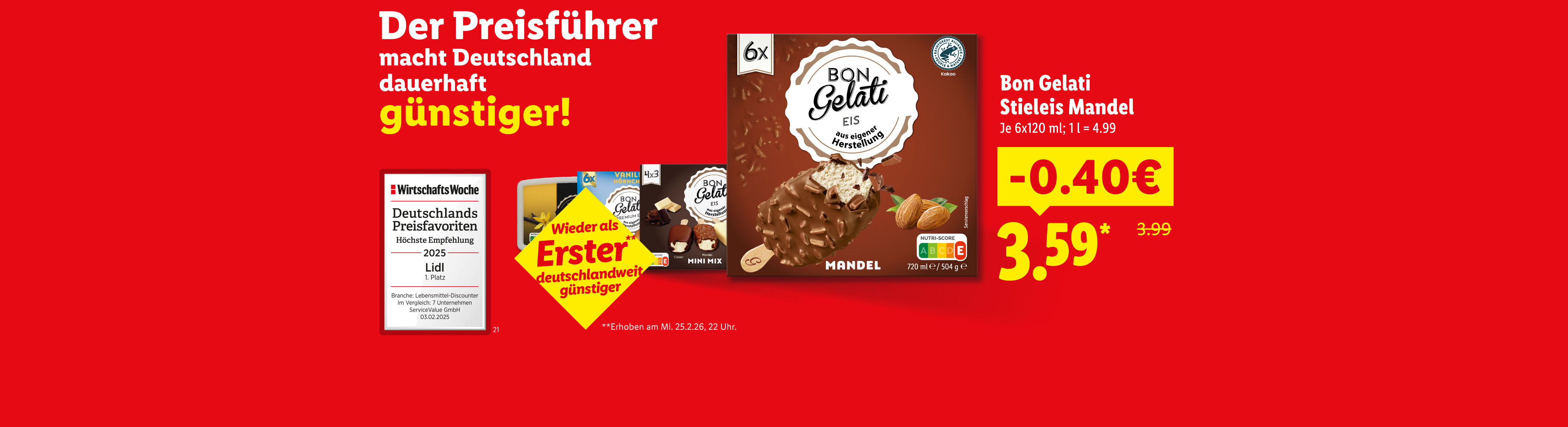 Werbung für Stieleis mit Mandeln, das als Preisführer beworben wird.