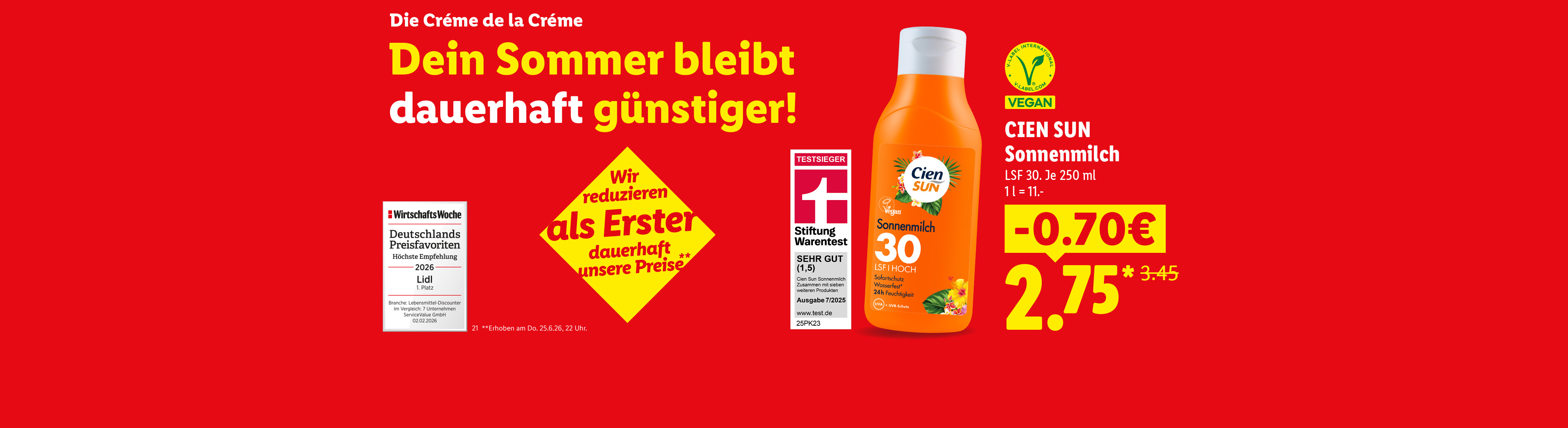 Cien Sun Sonnenmilch LSF 30 Vegan. Je 250ml 70 Cent günstiger für 2.75€. 1 Liter= 11€. Testsieger Stiftung Warentest „25PK23“. Deutschlands Preisfavoriten 2026. Jetzt entdecken