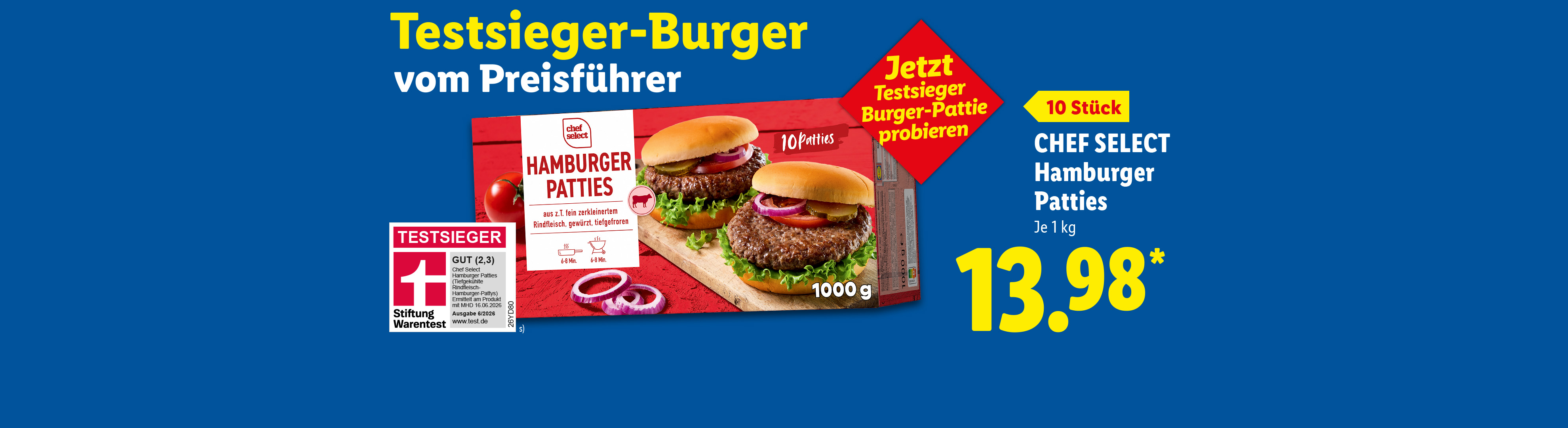 Testsieger-Burger vom Preisführer. Jetzt Testsieger Burger-Pattie probieren. Chef Select Hamburger Patties. 10 Stück. Je 1 kg für 13.98*. Stiftung Warentest Gut (2,3). Jetzt entdecken.