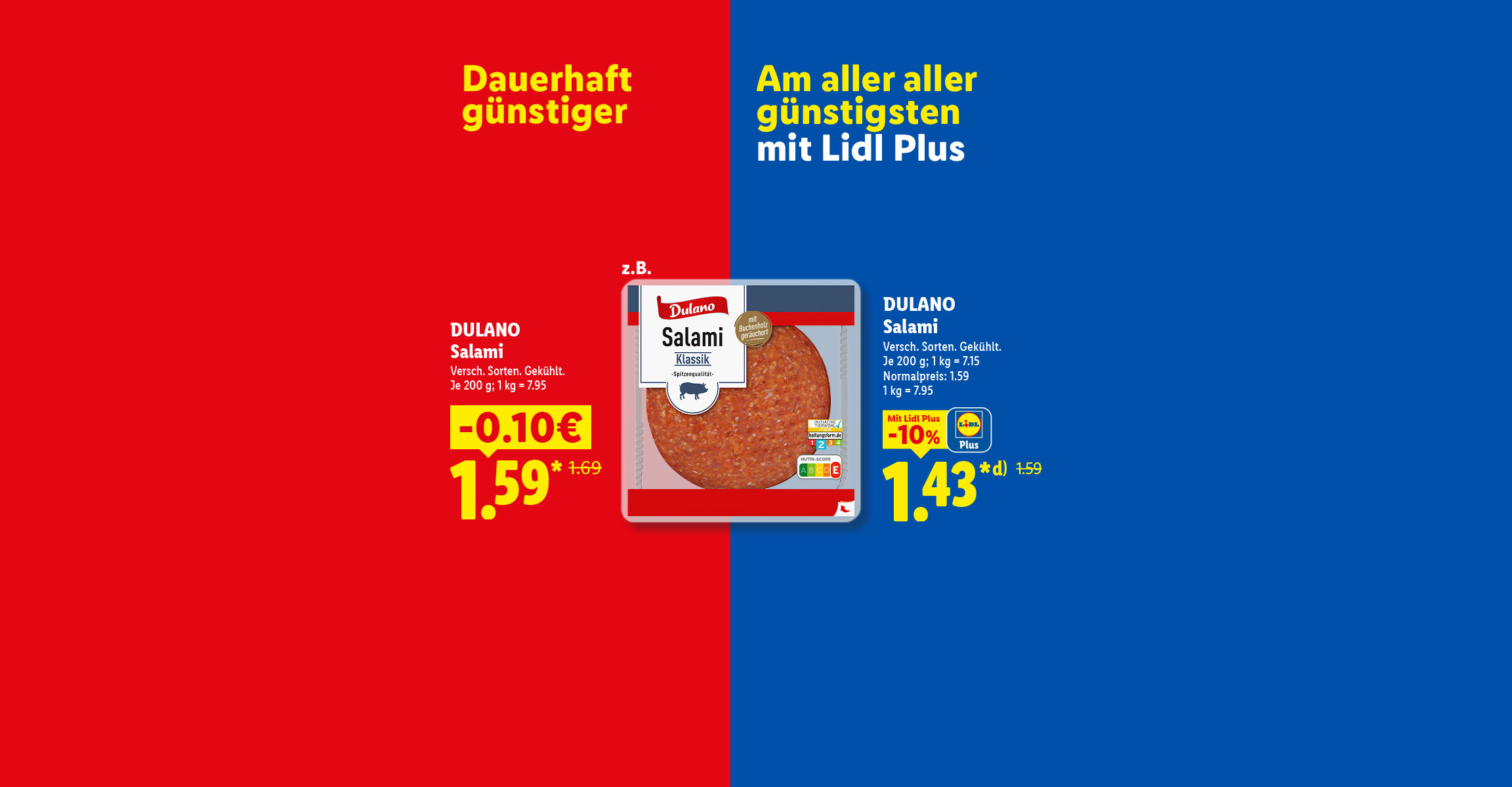 Werbung für Salami mit Rabattaktionen auf rotem und blauem Hintergrund.