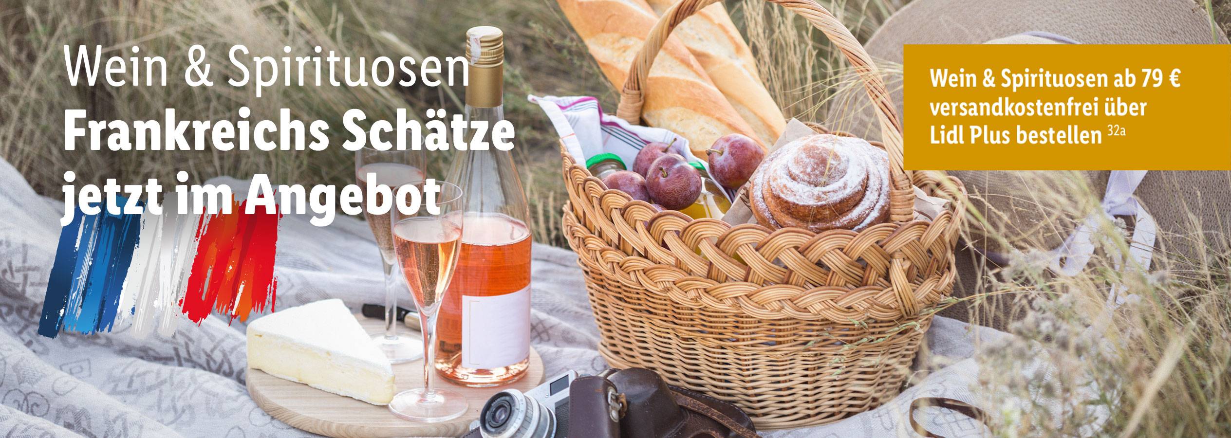 Französischer Wein, Käse und Brot im Lidl Angebot.