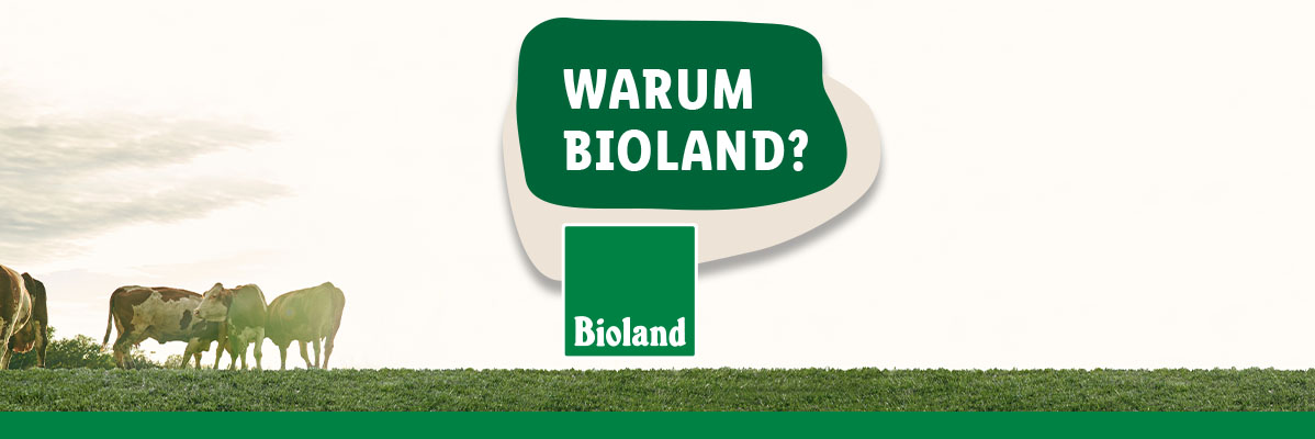 Bioland: 5 Gründe für Bioland-Produkte: Artenvielfalt, regionale Wirtschaft, Tierwohl, gentechnikfreie Landwirtschaft und Umweltschutz.