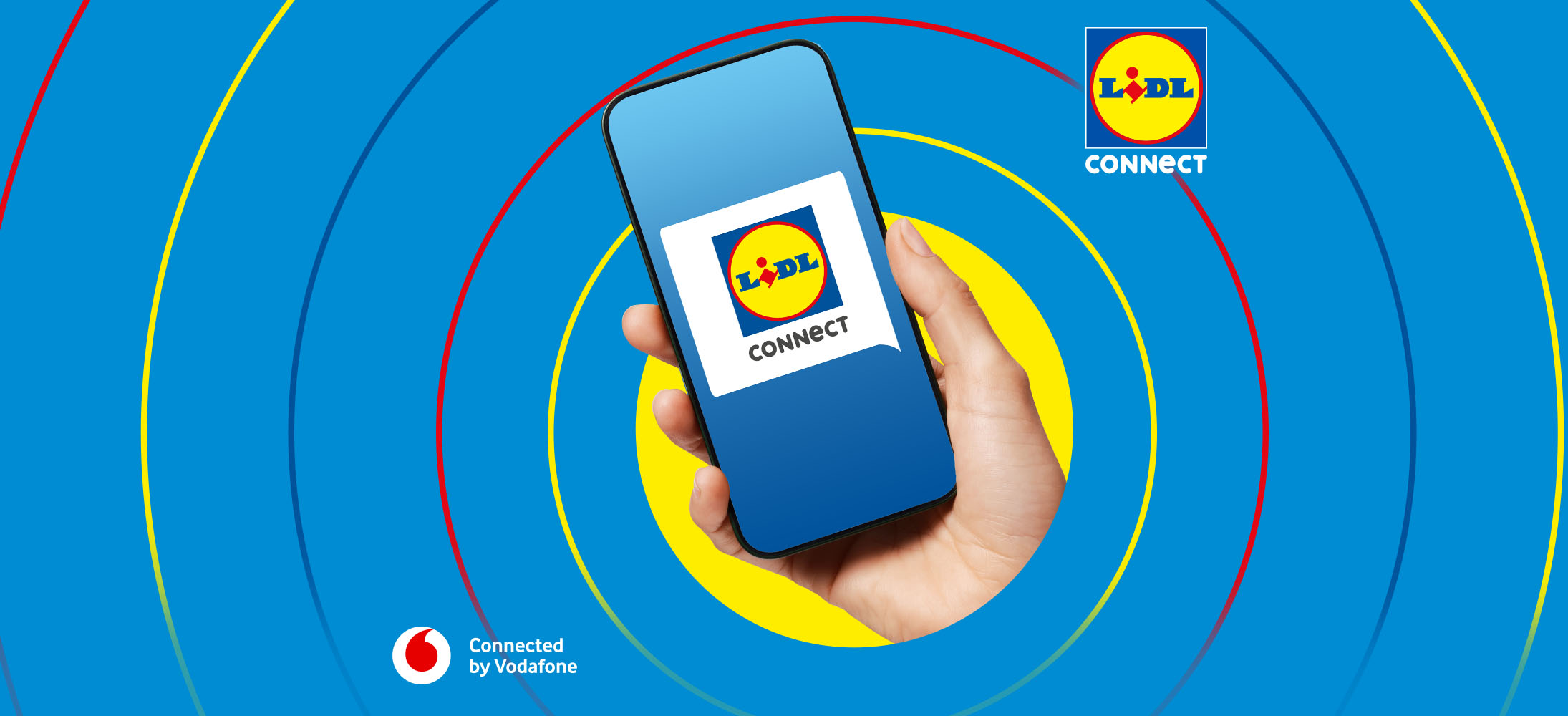 Lidl Connect Logo auf einem Smartphone, verbunden mit Vodafone, auf blauem Hintergrund mit farbigen Kreisen.