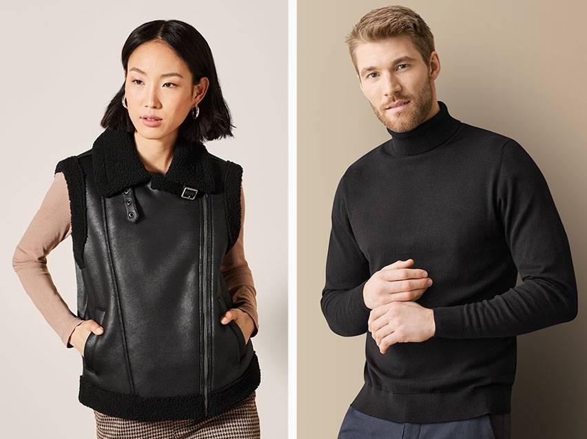 Kunstlederjacke und Rollkragenpullover: Winterkleidung.