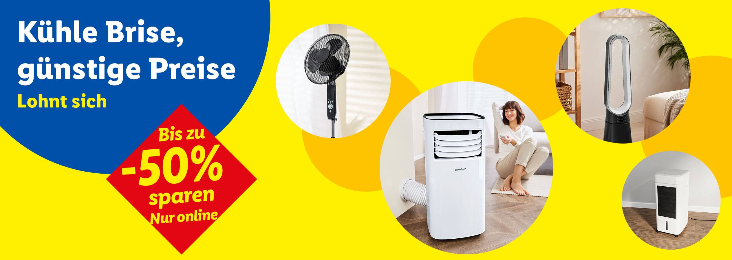 Werbebanner für Ventilatoren und Klimaanlagen mit Rabatt von bis zu 50%.