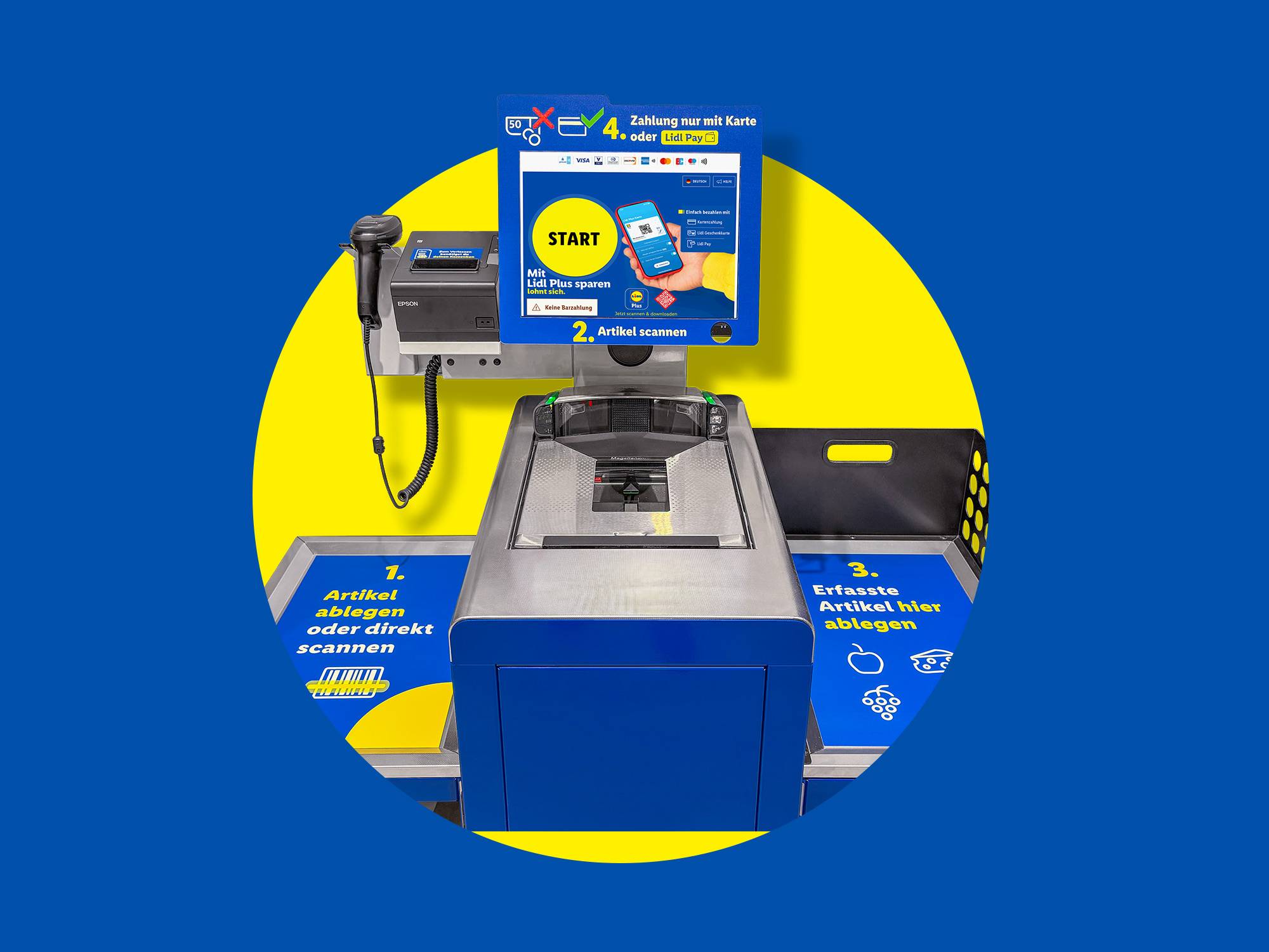 Lidl Selbstbedienungskasse mit Anweisungen zum Scannen und Bezahlen per Karte oder Lidl Pay.