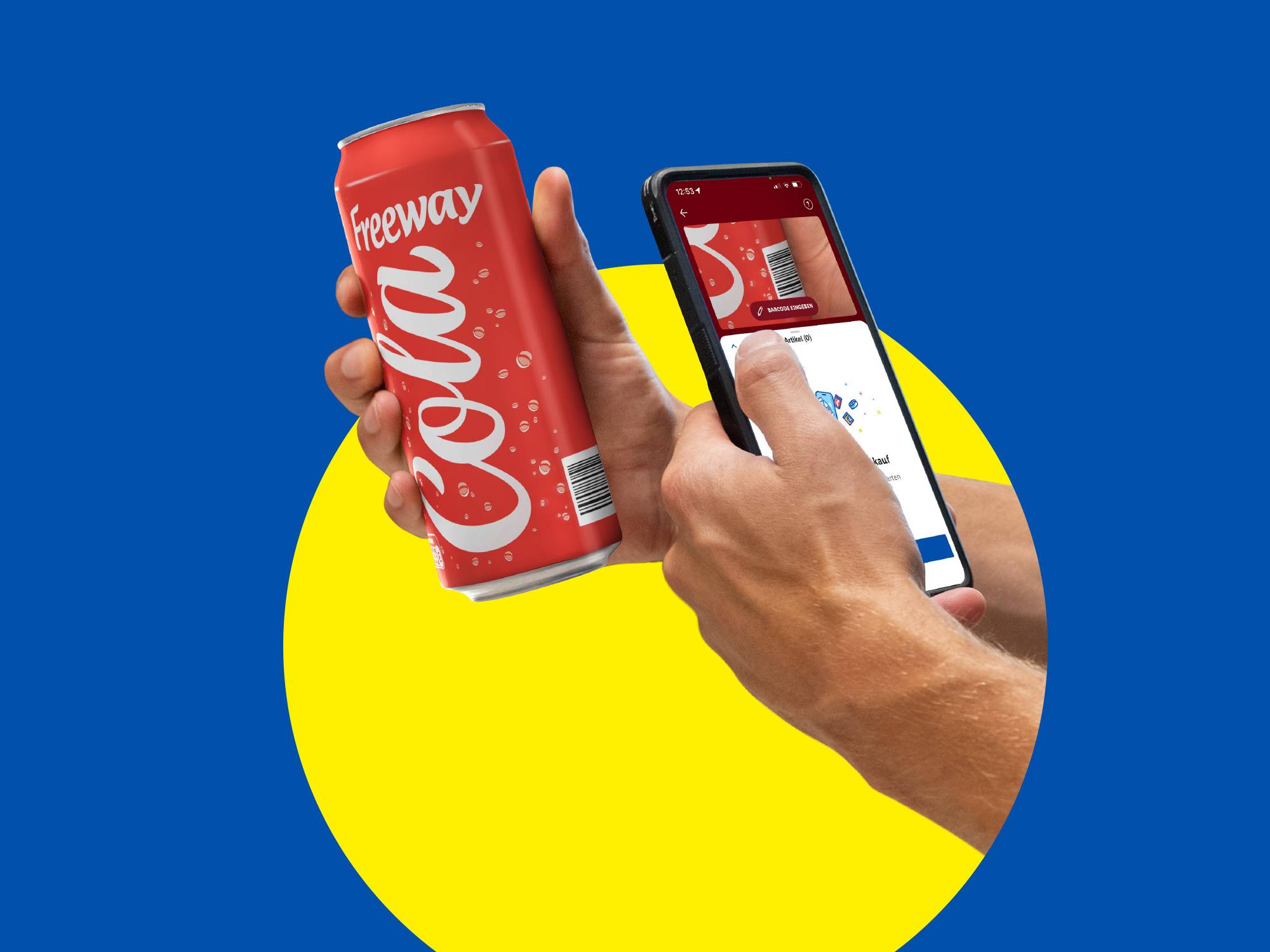 Smartphone scannt eine Freeway Cola Dose.