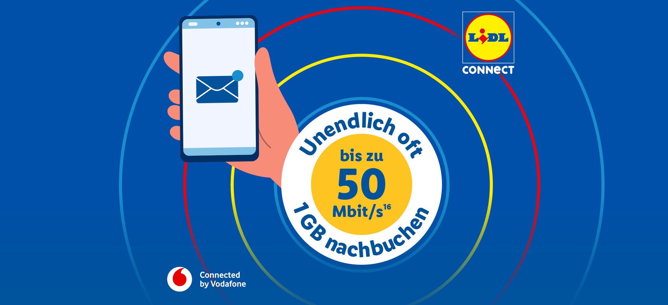 Mit Lidl Connect unendlich oft 1 GB nachbuchen. Bis zu 50Mbit/s (16). Connected by Vodafone