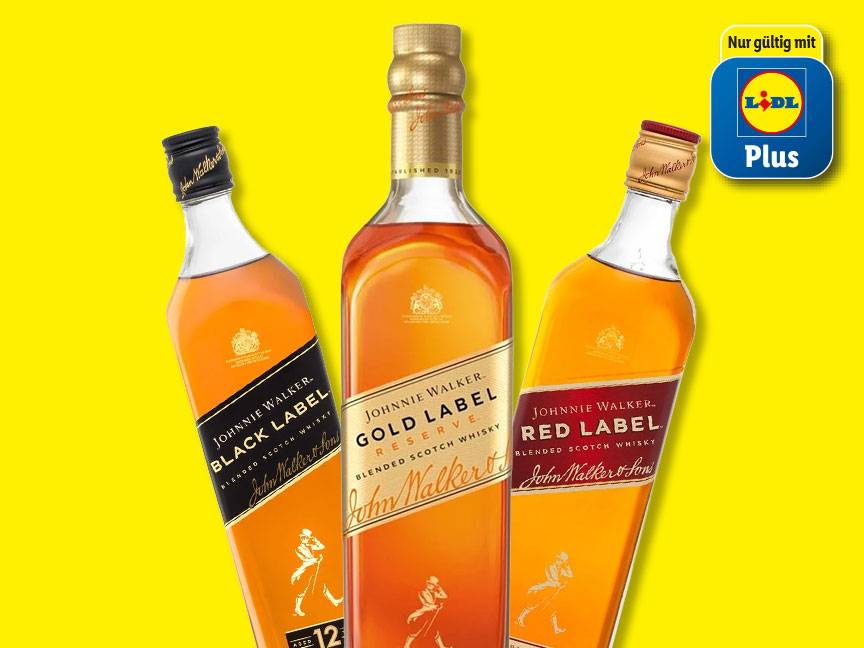 Drei Flaschen Johnnie Walker Whisky (Black, Gold, Red Label) mit einem 'Lidl Plus'-Logo.
