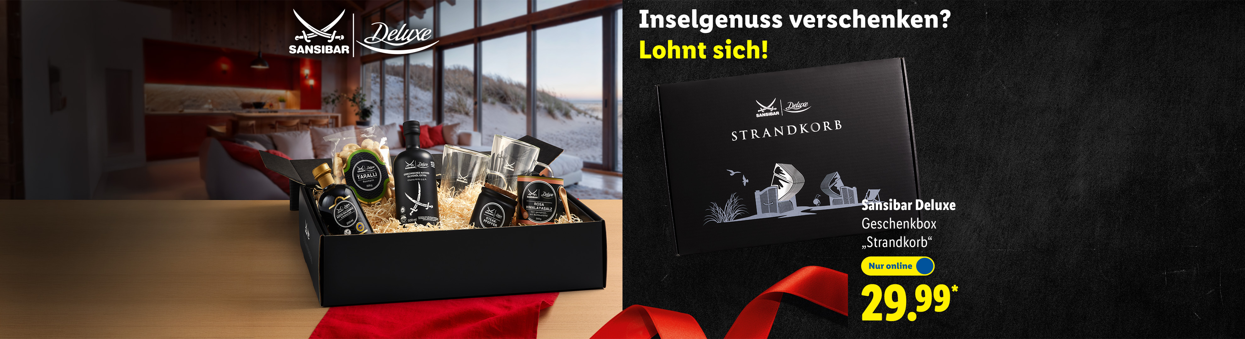 Sansibar Deluxe Geschenkbox „Strandkorb“ mit Olivenöl, Balsamico, Taralli, Steakpfeffer, Himalayasalz und Gläsern für 29,99 €.