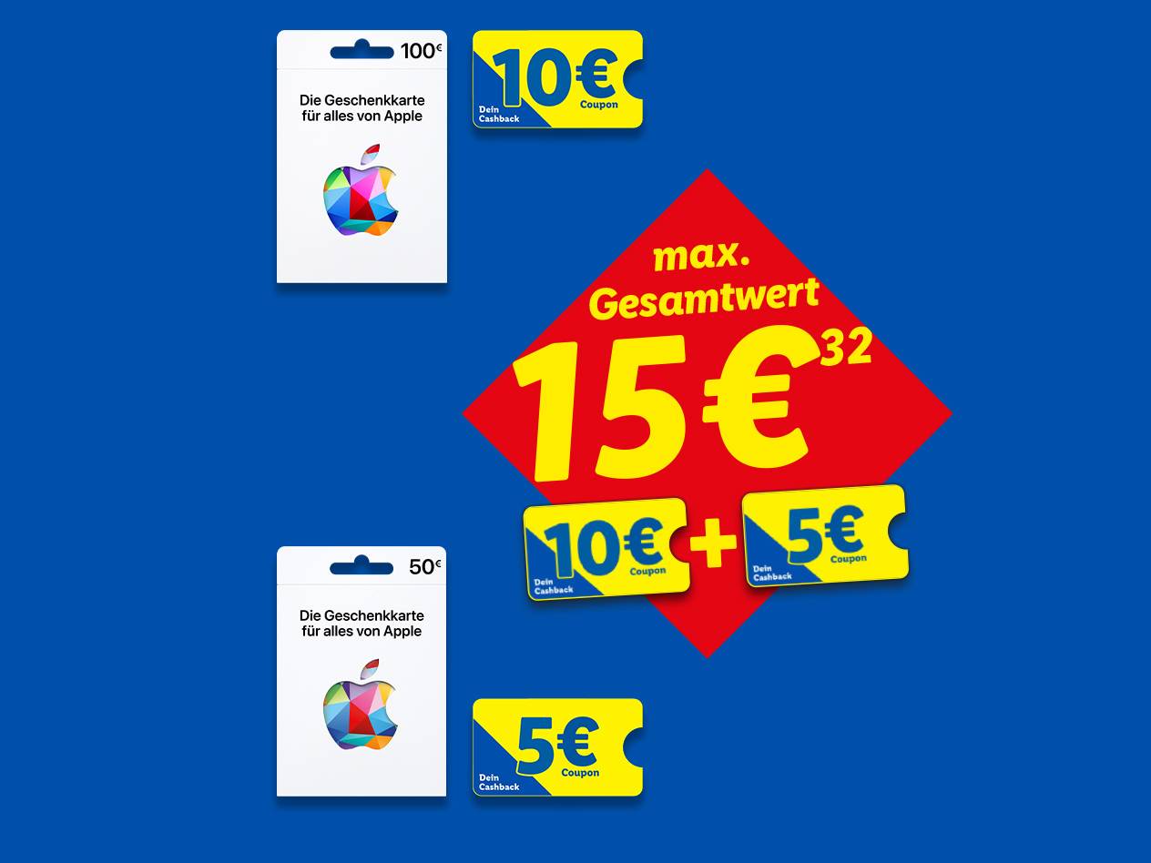 Apple Geschenkkarten kaufen & bis zu 15€ Cashback sichern(32). 10 € oder 5 € Coupon sichern beim Kauf einer 100 € bzw. 50 € Apple Geschenkkarte(32).