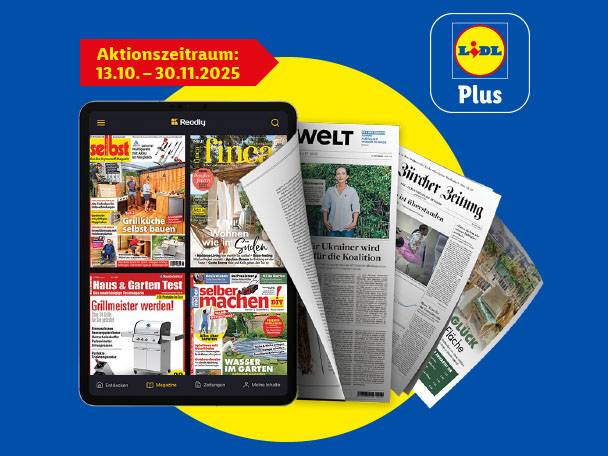 Lidl Plus-Werbung mit einem Tablet, das digitale Magazine und Zeitungen von Readly anzeigt.