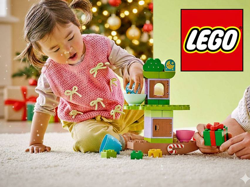 Kleinkind spielt mit LEGO DUPLO Spielzeug vor einem Weihnachtsbaum.