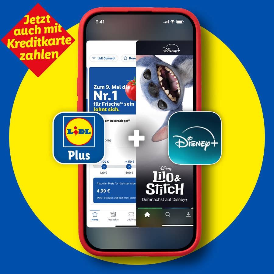 Lidl Plus App mit Kreditkartenzahlung und Disney+ Angebot, bewirbt Lilo & Stitch.