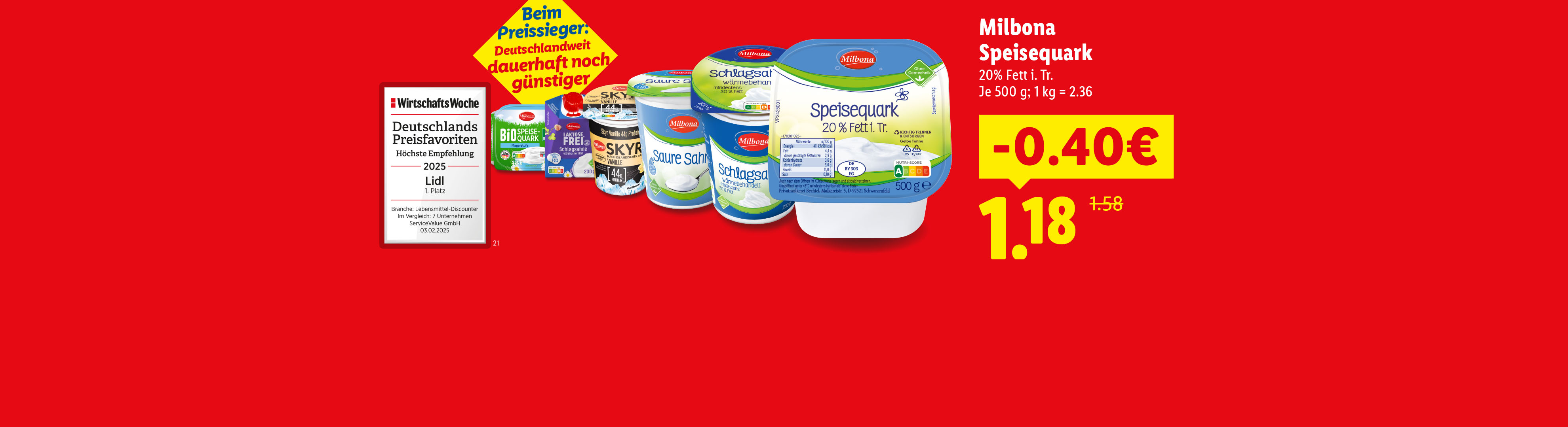 Beim Preissieger: Deutschlandweit dauerhaft noch günstiger. Milbona Speisequark 20% Fett i. Tr. 40 Cent günstiger, je 500 Gramm, für 1.18€, 1 Kilogramm = 2.36