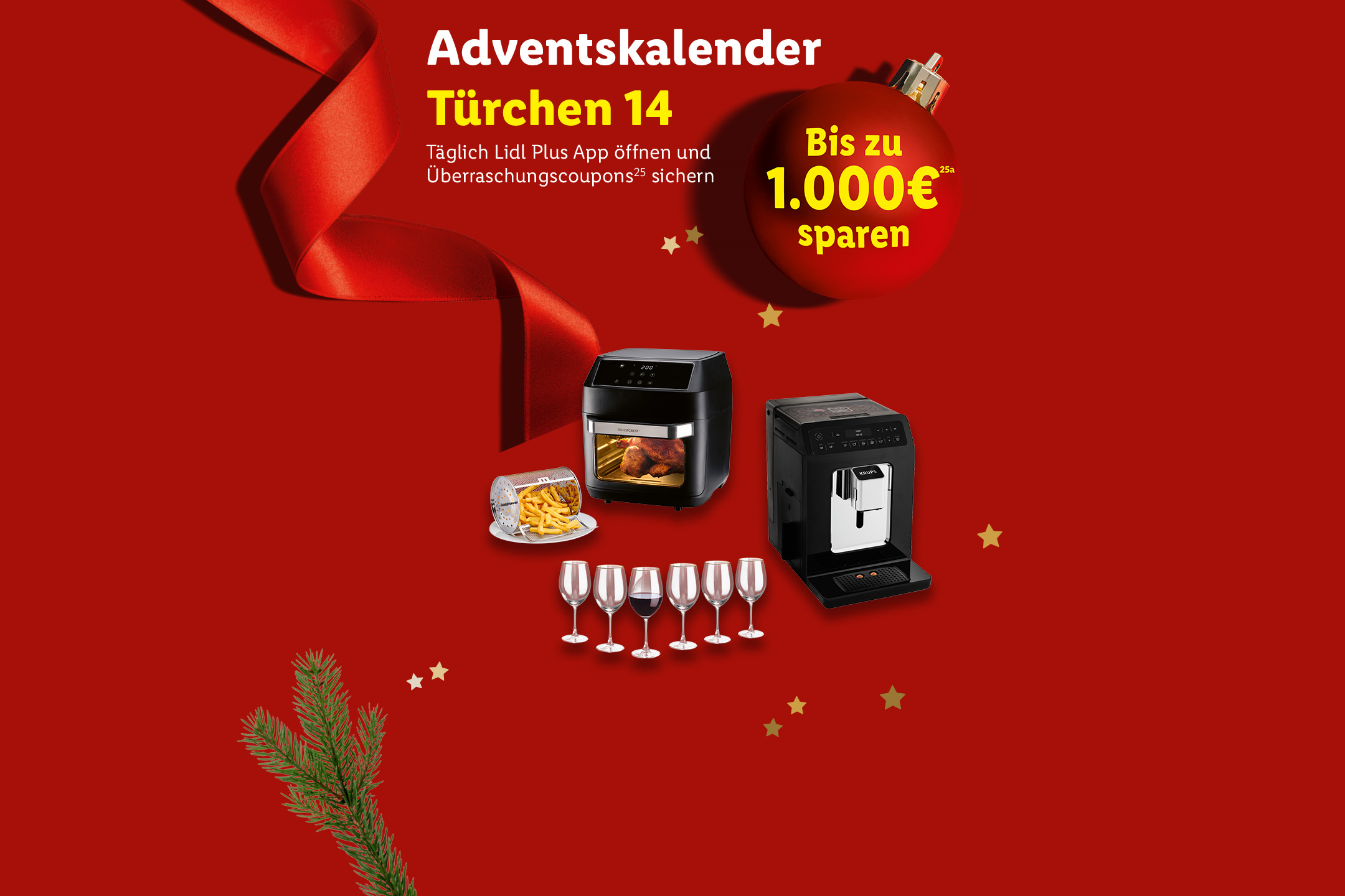 Adventskalender Türchen 14. Täglich Lidl Plus App öffnen und  Überraschungscoupons (25) sichern. Und bis zu 1000 Euro sparen (25a).