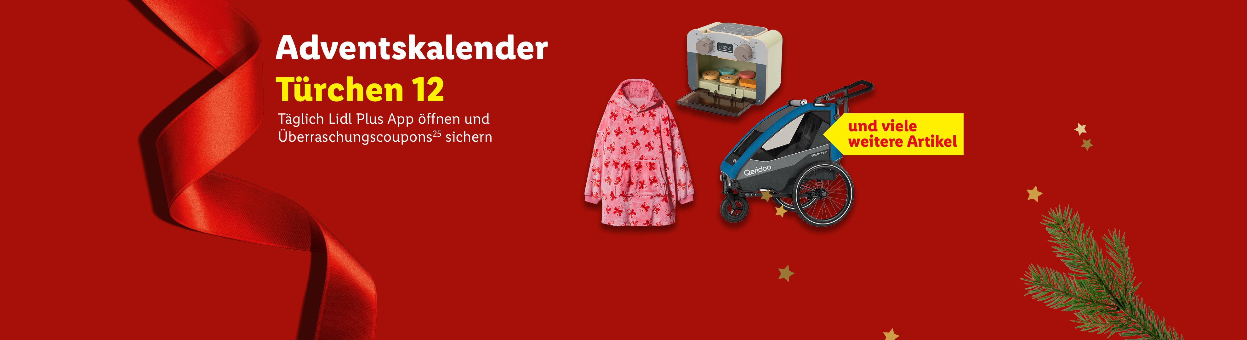 Adventskalender Türchen 12 mit einem rosa Hoodie, einem Spielzeug-Backofen und einem blauen Kinderanhänger von Qeridoo.