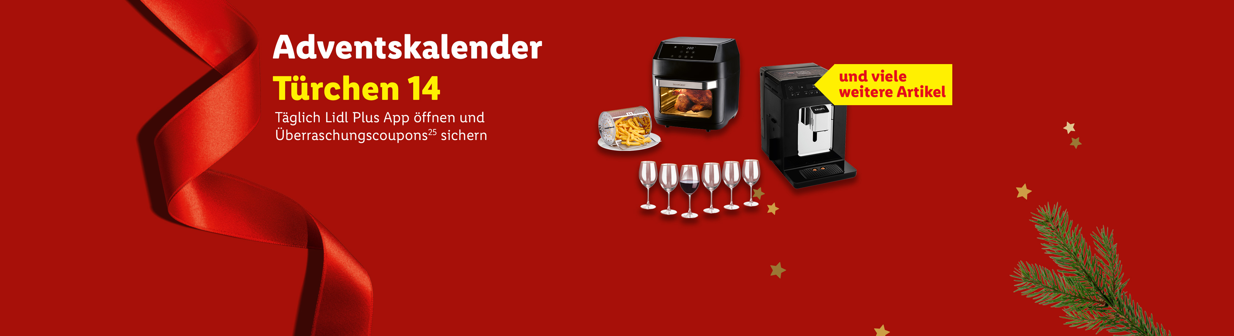 Adventskalender Türchen 14 mit Heißluftfritteuse, Kaffeevollautomat, Weingläsern und Überraschungscoupons.