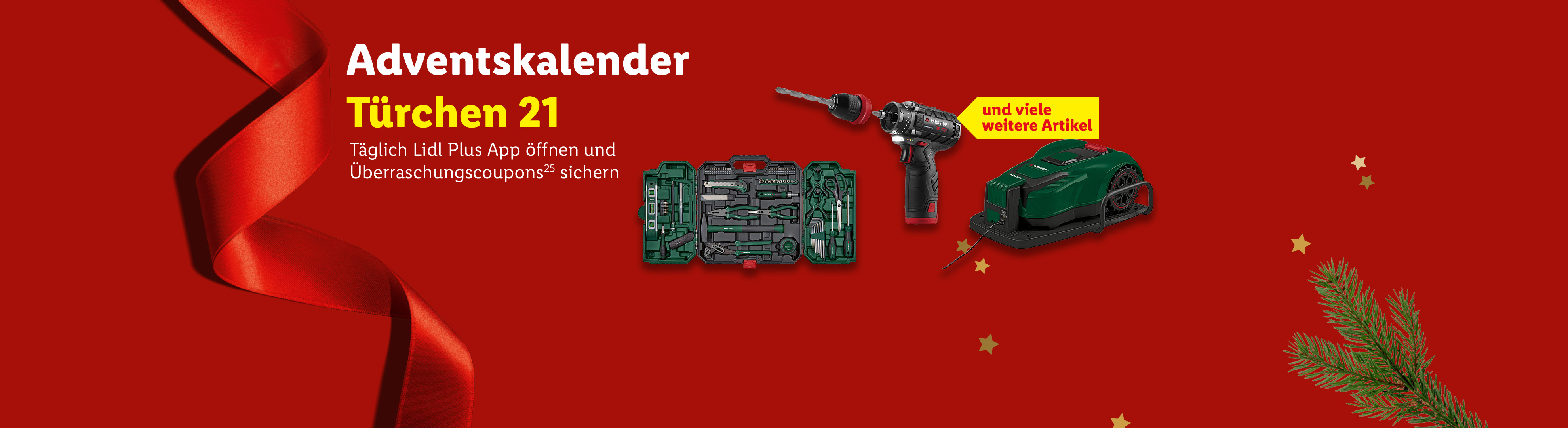 Lidl Adventskalender Türchen 21: Werkzeugkoffer, Bohrmaschine und Mähroboter auf rotem Hintergrund mit Bändern und Sternen.