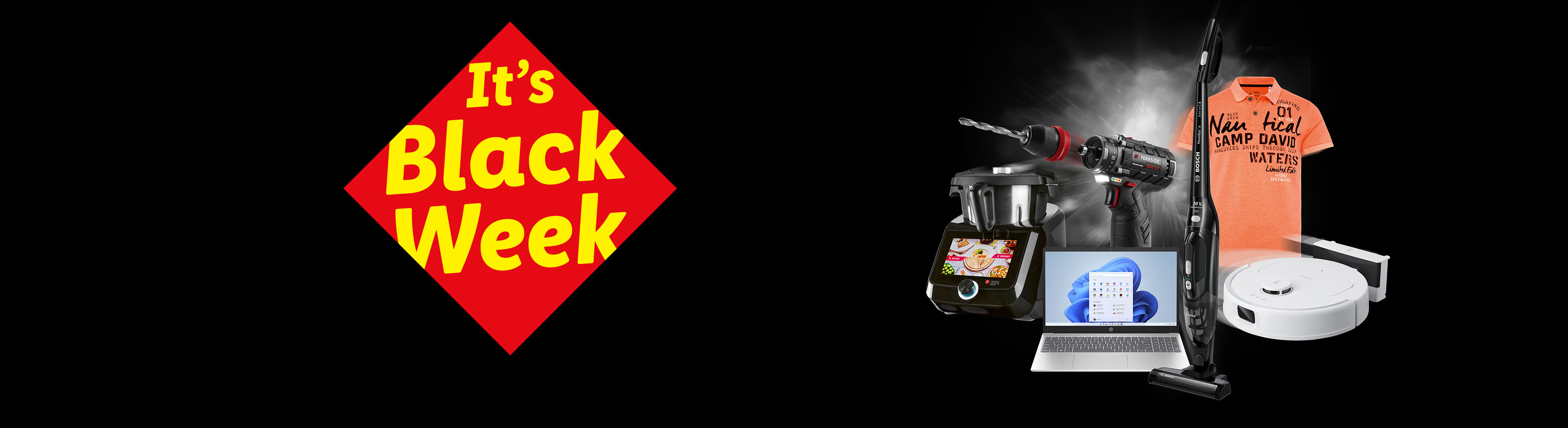 Black Week: Küchenmaschine, Bohrmaschine, Laptop, Staubsauger, T-Shirt und Saugroboter.