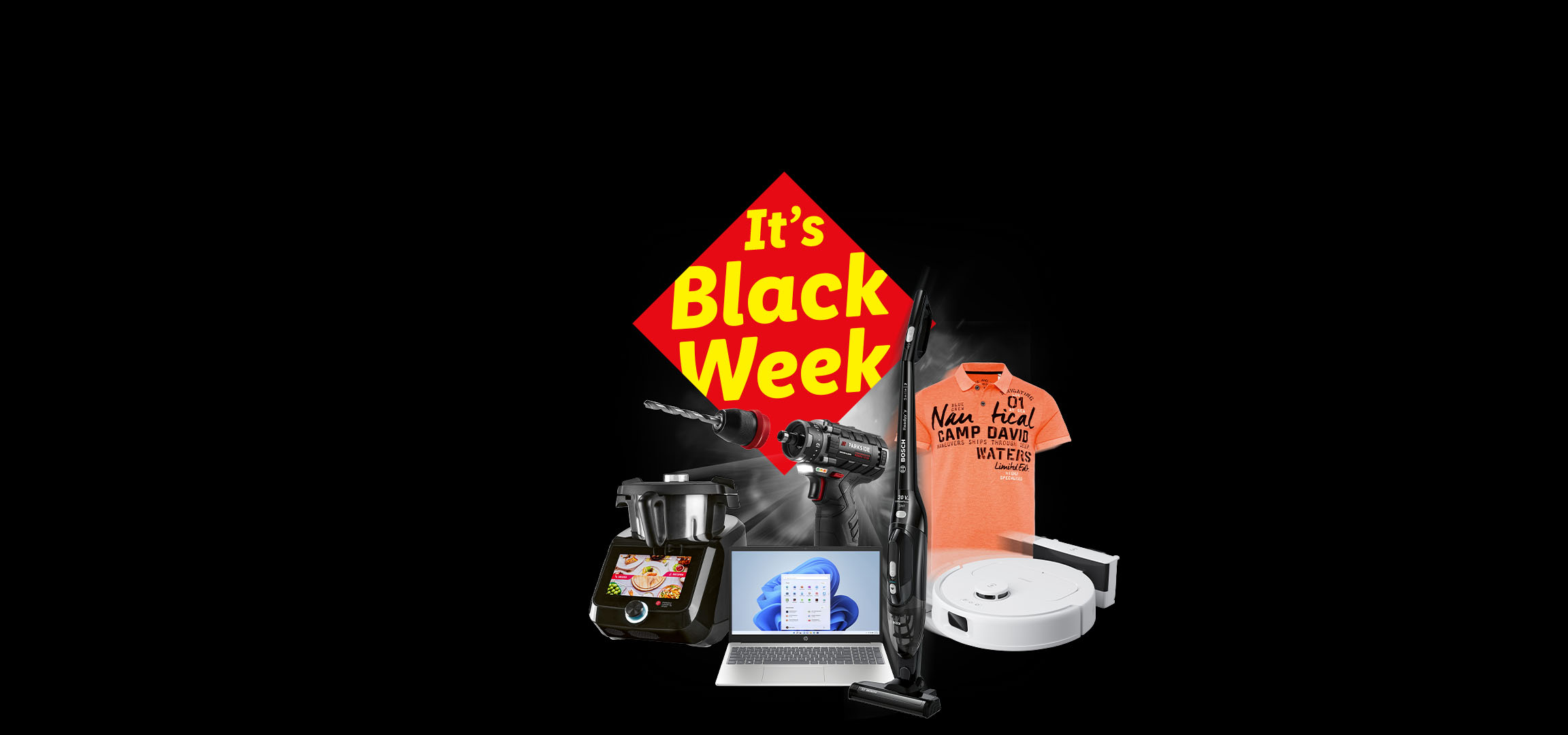 Black Week Banner mit Bohrmaschine, Küchenmaschine, Laptop, Staubsauger, Polo-Shirt und Saugroboter.