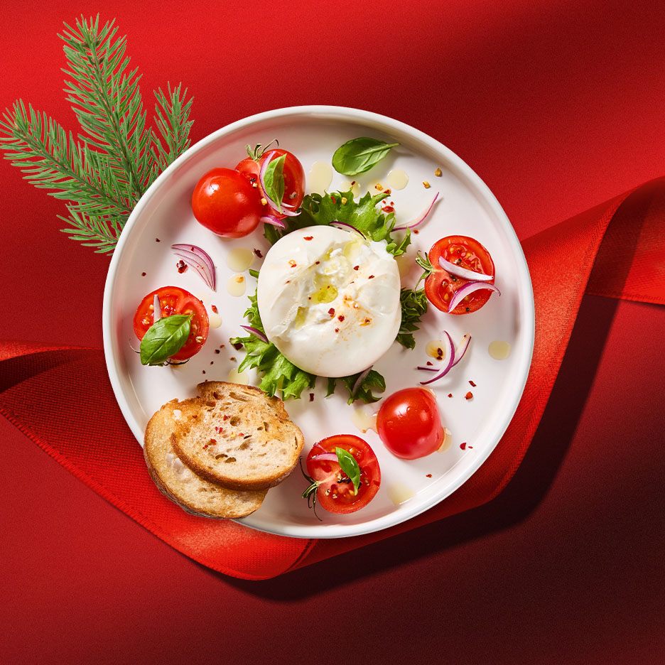 Burrata-Käse mit Tomaten, Zwiebeln, Basilikum und Brot auf einem weißen Teller, festlich dekoriert.