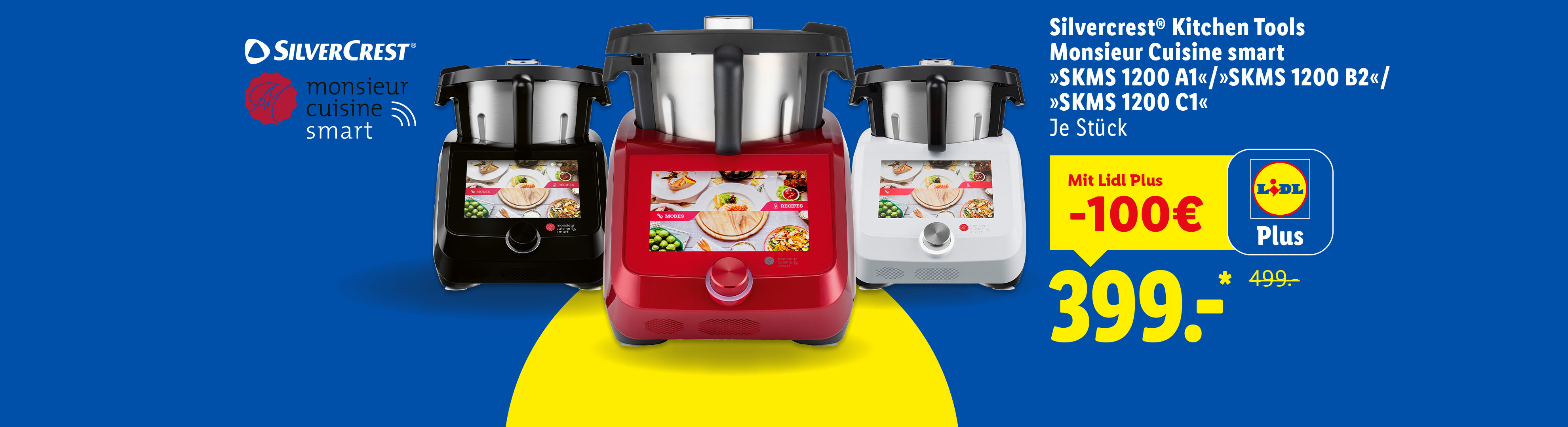 Drei Silvercrest Monsieur Cuisine Smart Küchenmaschinen in Schwarz, Rot und Weiß, mit einem Rabatt von 100€ bei Lidl Plus.