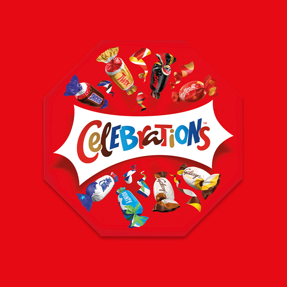 Celebrations Pralinenmischung mit Twix, Snickers, Mars, Maltesers, Milky Way, Bounty und Galaxy.