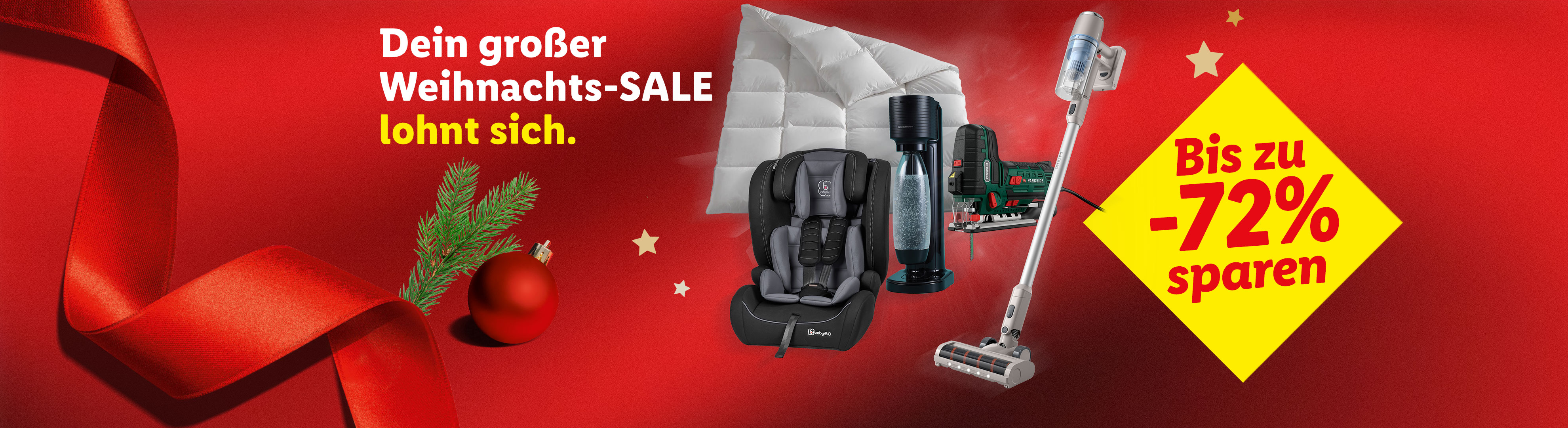 Weihnachts-SALE mit bis zu 72% Rabatt auf Babyautositz, Sodastream, Stichsäge und Staubsauger.